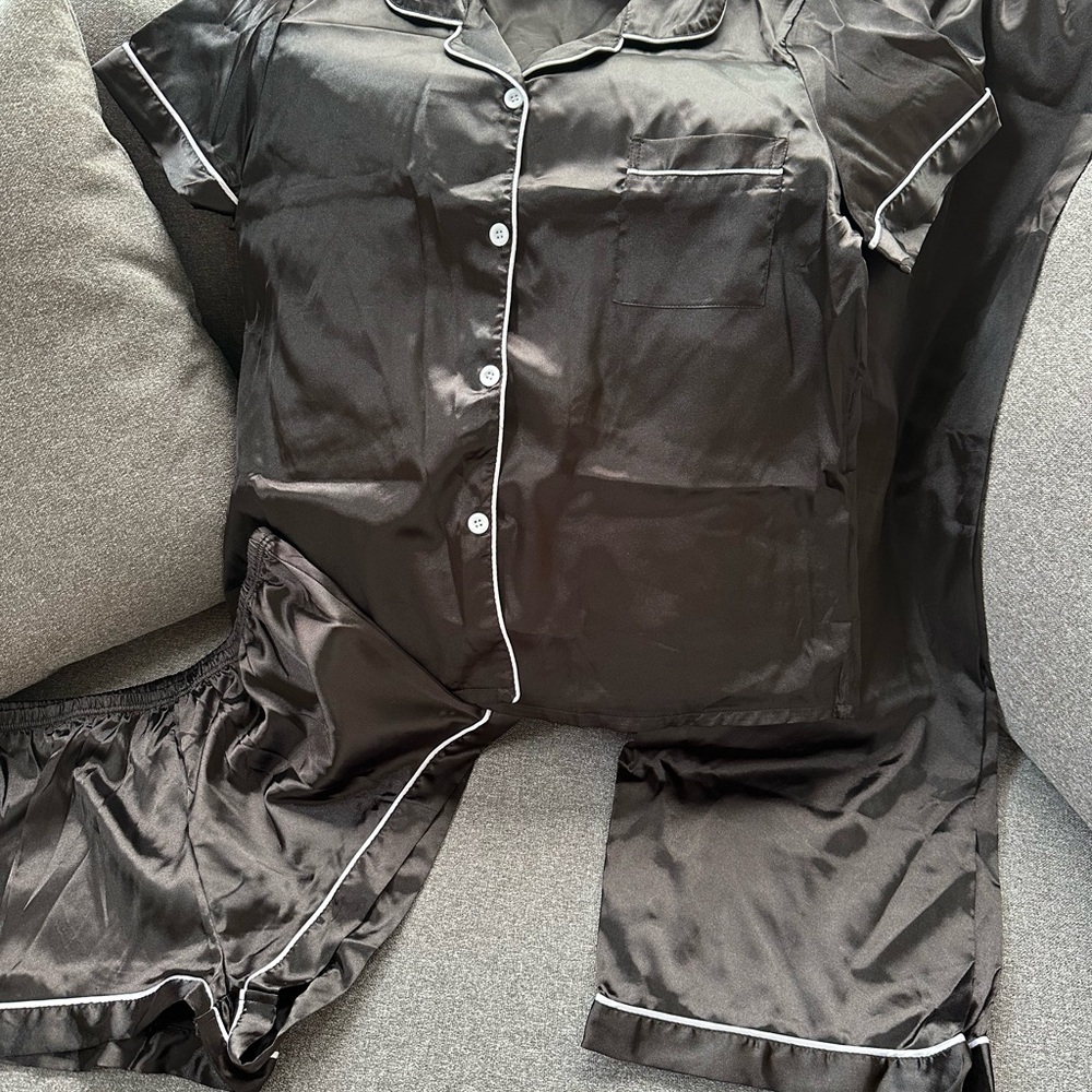 Women's Black Satin Pajama Set
